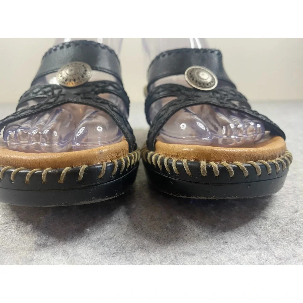 Minnetonka Womens Black Leather Wedge‎ Sandals Strappy Concho Slide Size 6